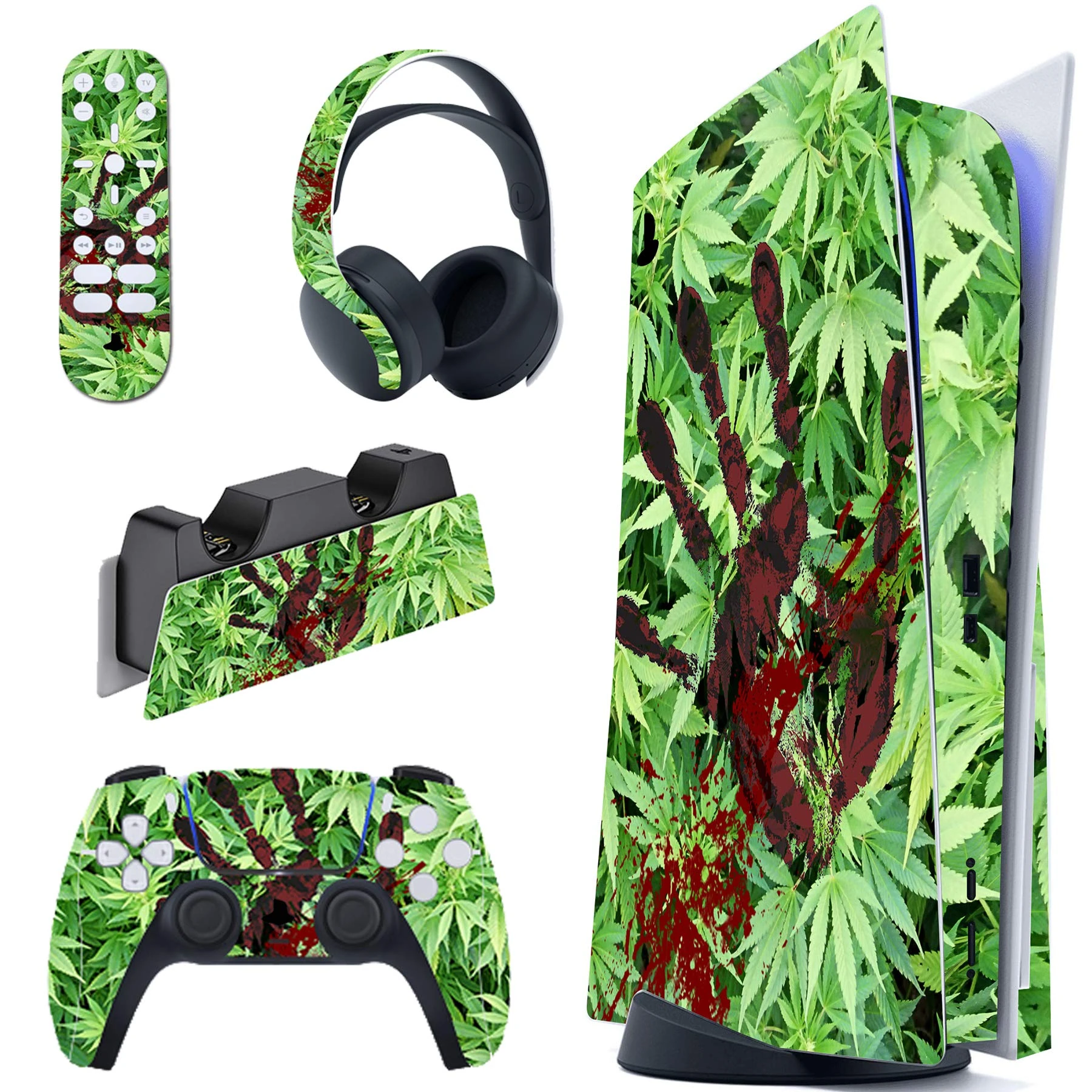 playvital Blood Handprint Weeds Full Set Skin Decal for ps5 Console Disc Edition,Sticker Vinyl Decal Cover for ps5 Controller & Charging Station & Headset & Media Remote