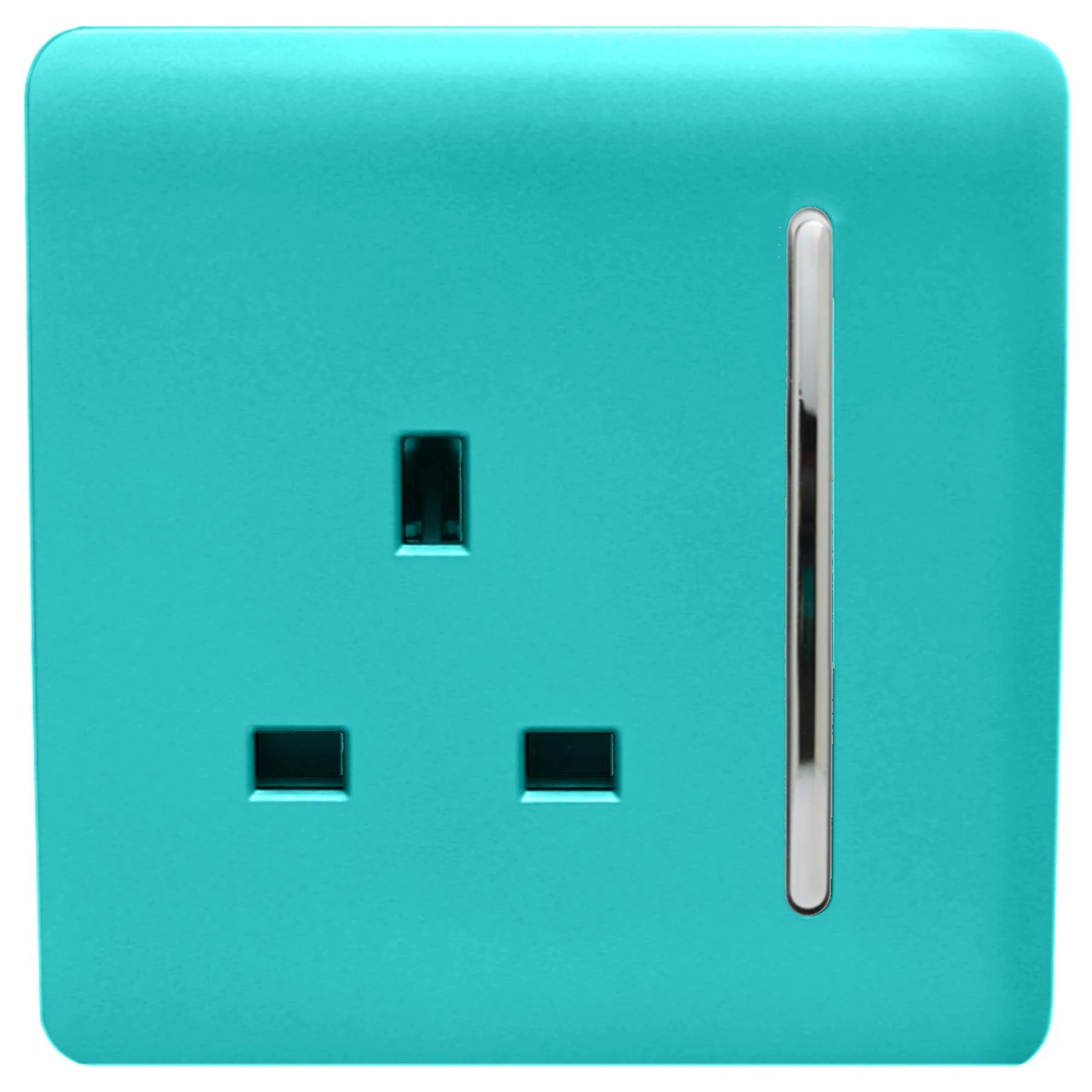 Trendi 1 Gang Raised Artistic Modern Glossy Screwless 13 Amp Single Pole with Chrome Switched UK Standard Electrical Double Wall Plug Socket in Bright Teal - ART-SKT13BT