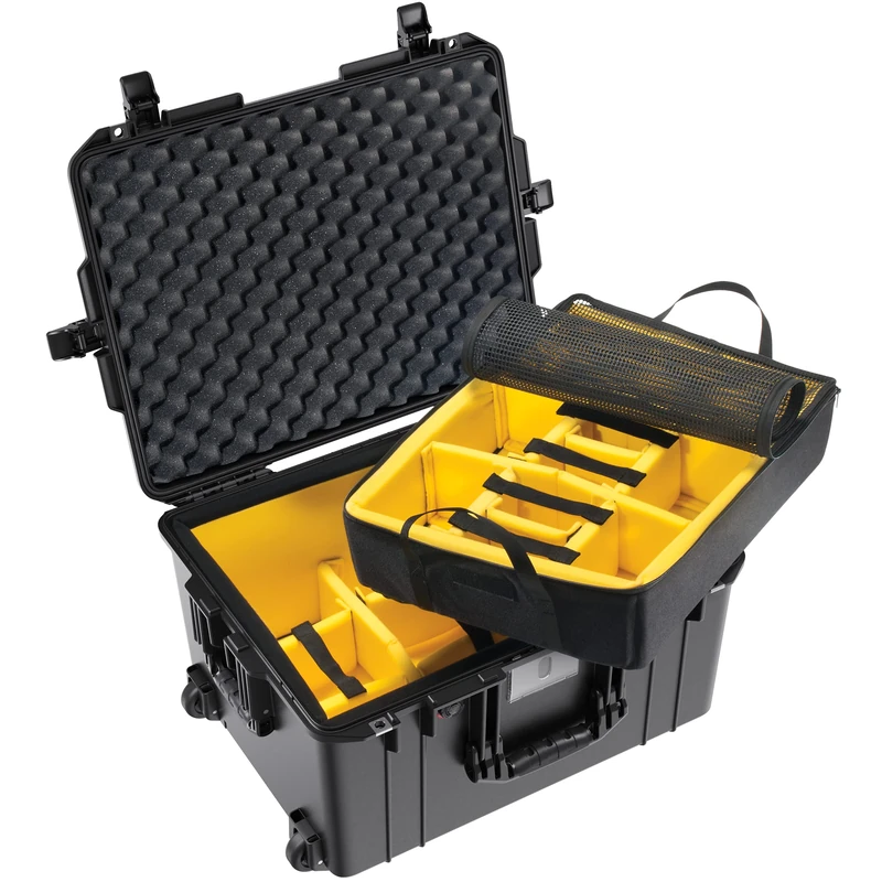 Peli 1607 Air Lightweight Protective Case with Wheels and Retractable Handle for Drone and Camera Equipment, Watertight and Dustproof, 63L Capacity, with Padded Dividers, Colour: Black