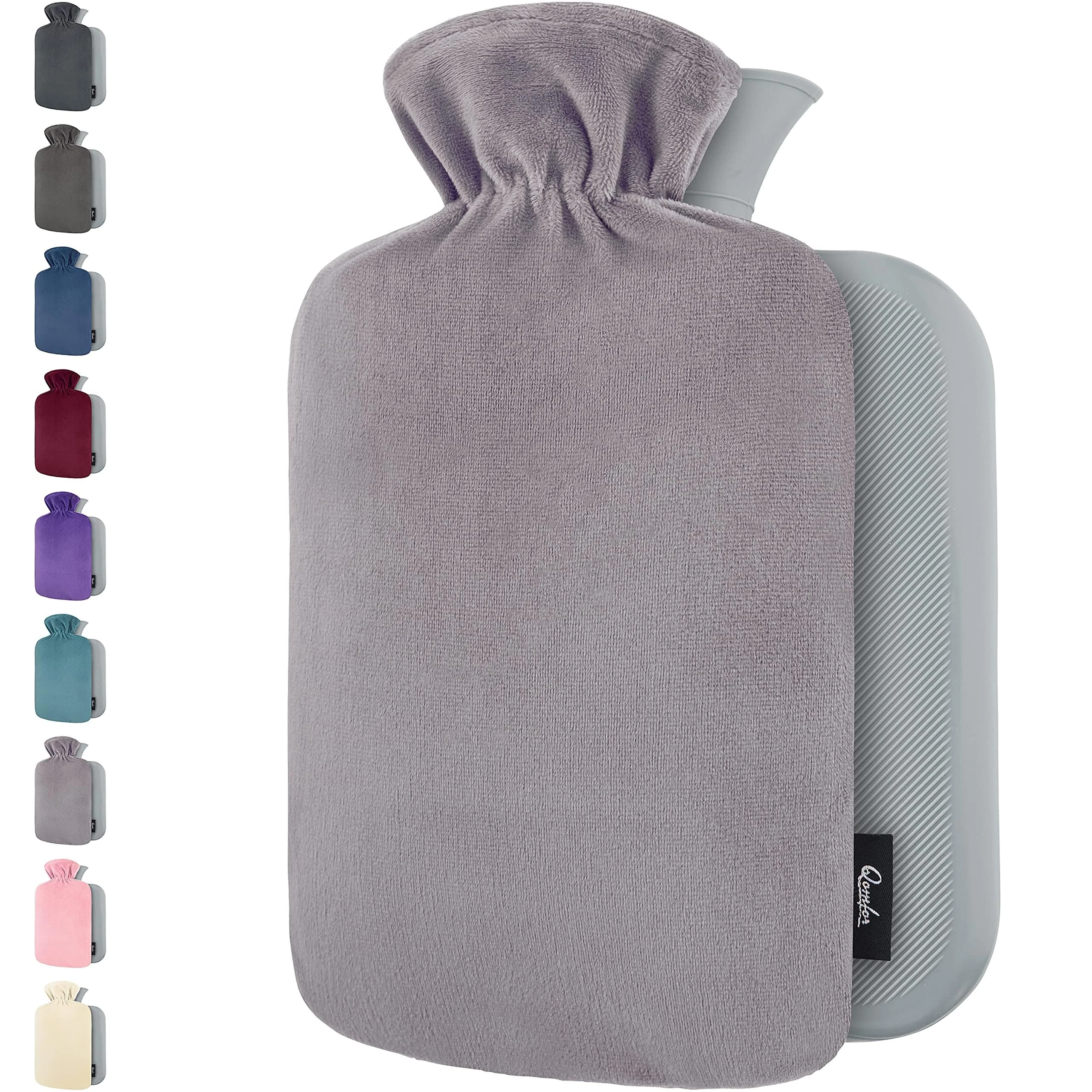 Qomfor Hot Water Bottle with Cover UK - 1.8L Large Soft Water Bottle with Fleece Cover - Fluffy for Period Pain Relief, Back Pain, Adults & Kids - Great Gift for Women (Grey)