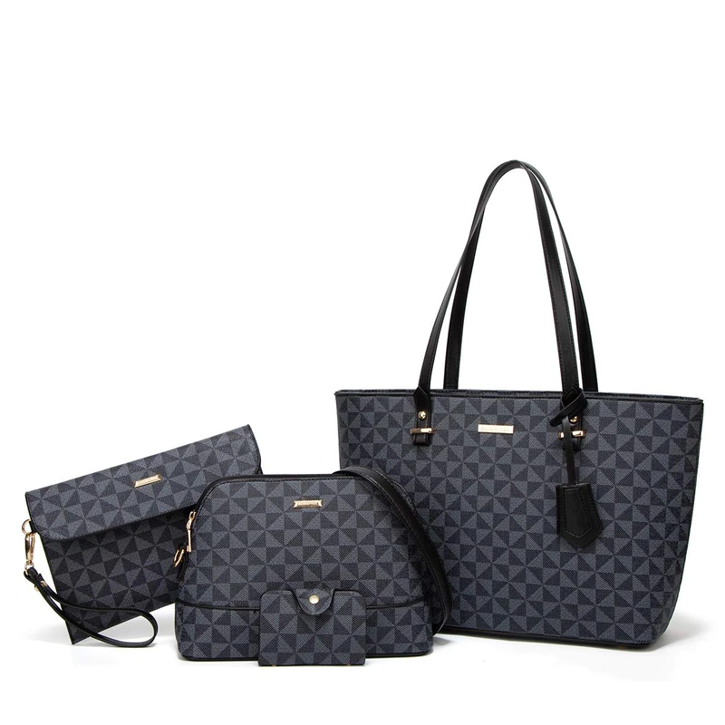 Ladies 4 Piece Faux Leather Handbag Set with Handle, Black lattice-a, Large