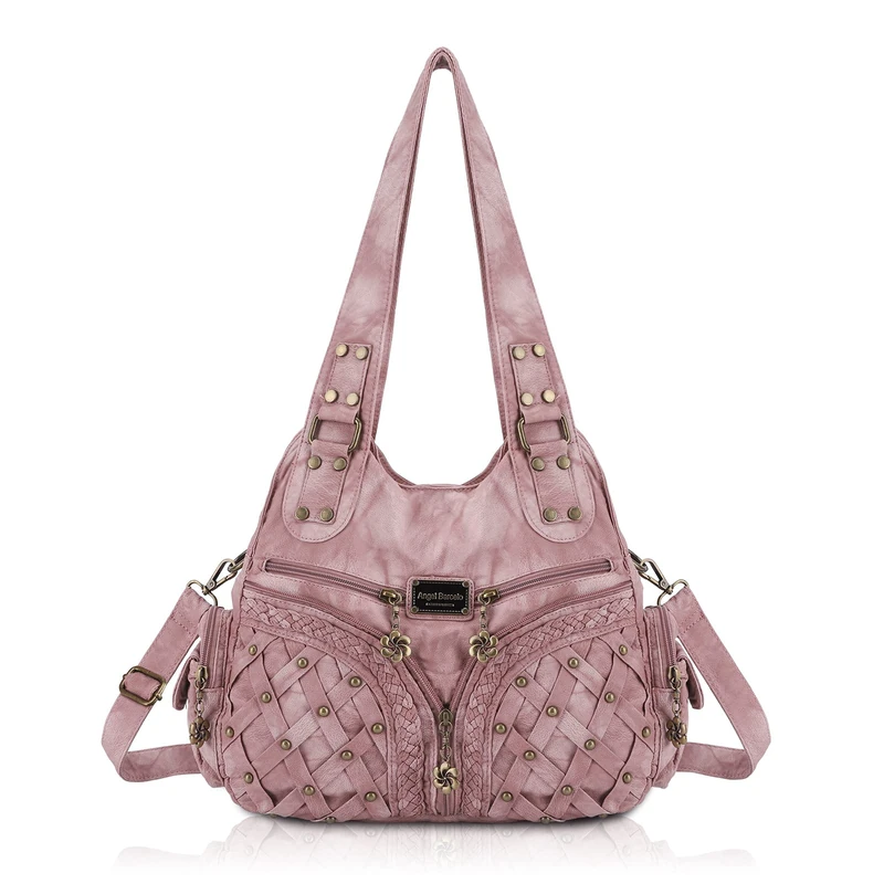 Angel Barcelo Purses and Handbags Women Tote Shoulder Top Handle Satchel Hobo Bags Fashion Washed PU Leather Purse, Dark Pink, One Size
