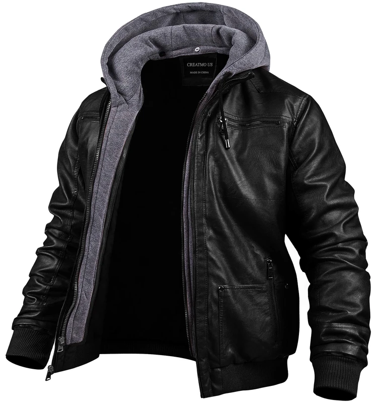 CREATMO US Men's Faux Leather Jacket Motorcycle Jacket Waterproof Windproof PU Moto Vintage Bomber Hoodie with Removable Hood, Black Light, XL