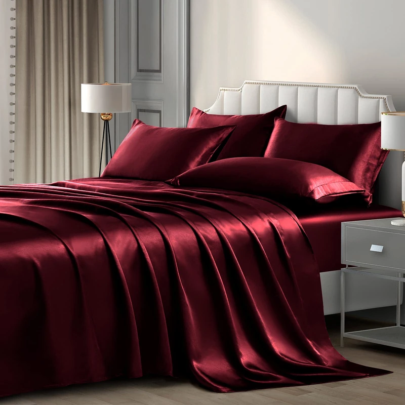 Pothuiny 6-Piece King Satin Sheets Luxury Silky Burgundy Satin Bedding Sheet Set, 1 Deep Pocket Fitted Sheet + 1 Flat Sheet + 4 Pillow Cases