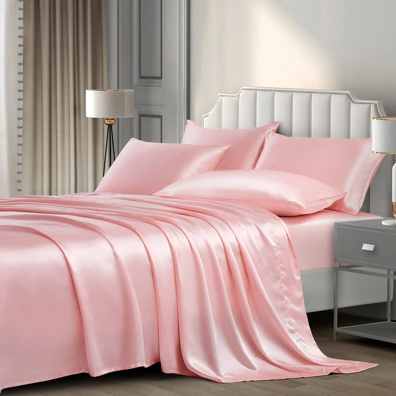P Pothuiny 6 Piece King Size Satin Sheet Set, Blush Pink, 100% Polyester, 4 Pillowcases, 1 Fitted Sheet, 1 Flat Sheet