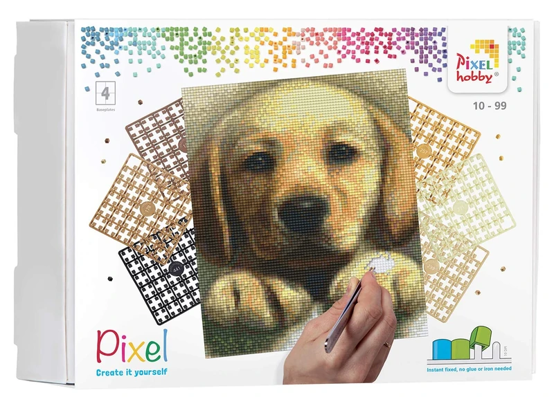 Pixel P090045 Mosaic Gift Box Dog, Picture Approx. 20.3 x 25.4 cm, Easy Plug System, No Ironing or Gluing, Bioplastic Gems, Ideal for Children