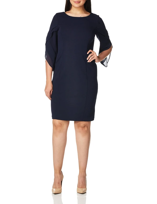 DKNY Women's Sheath with 3/4 Chiffon Sleeve Dress, Navy, 14