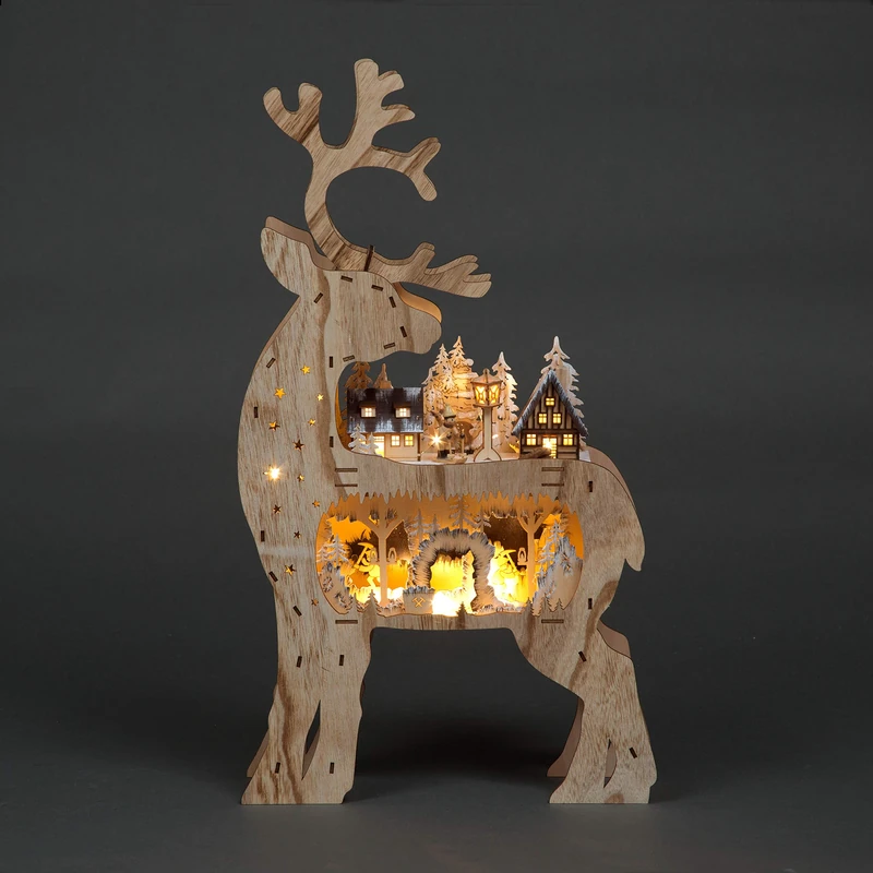 69cm Christmas Back Facing Reindeer Wooden Laser Cut Battery Operated Decorated with Village Scenery and Warm White LEDs Home Decorations
