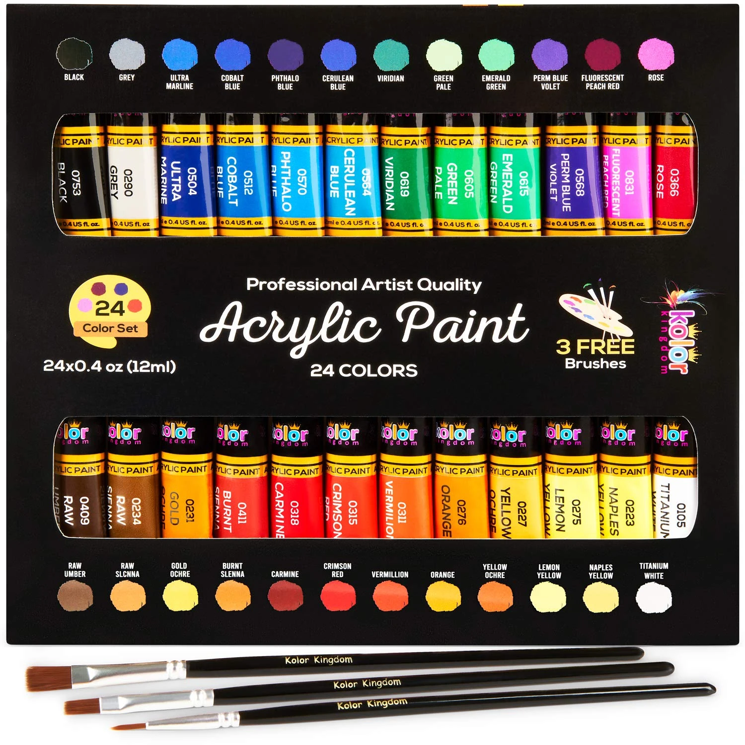 KOLOR KINGDOM Acrylic Paint Set 24 Colours Canvas Paints Kit with 3 Paint Brushes for Crafts,Kids Paints, Paper, Rock Painting, Wood,Ceramic & Fabric Vibrant Colors (24 X 12ML)