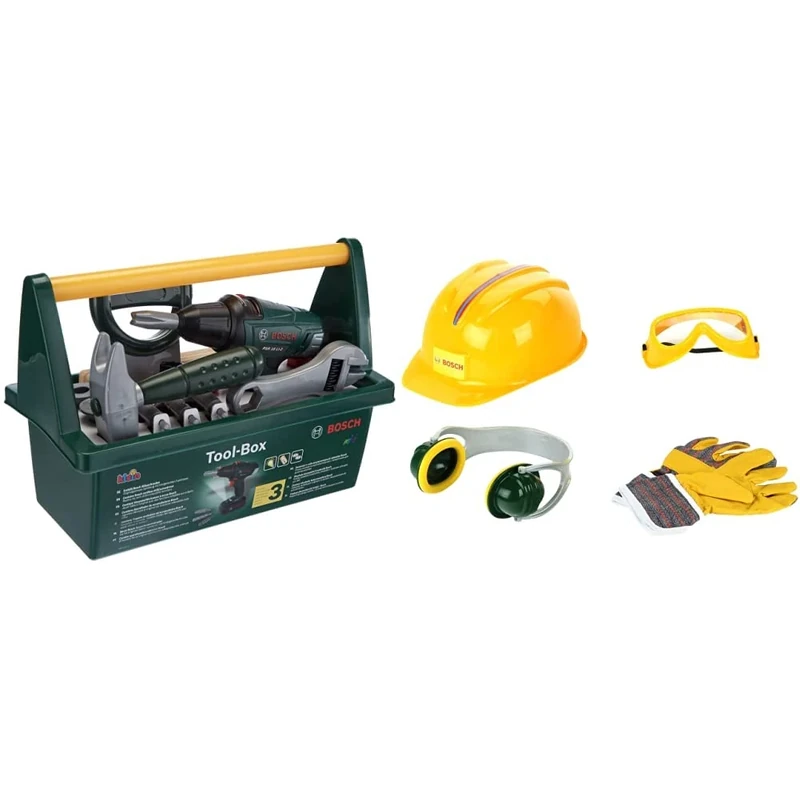 Theo Klein 8429 Bosch Tool Box I With Saw, Hammer, Pliers and Much More I 31cm x 16.5cm x 22.5cm & 8537 Bosch Accessories Set I Work Gloves, Ear Protectors and Helmet I 30cm x 38cm 10cm