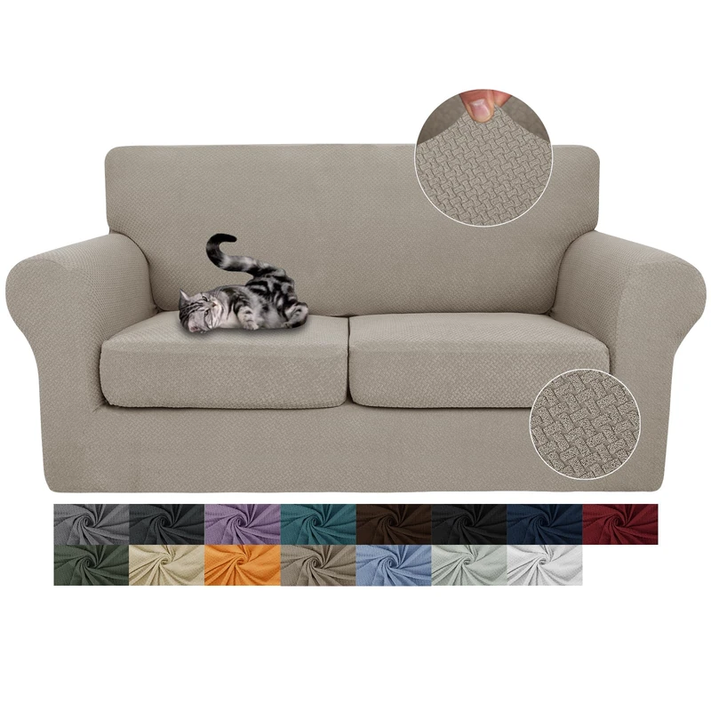 JIVINER 3 Pieces Stretch Couch Covers for 2 Cushion Couch Fitted Thick Loveseat Sofa Slipcover with 2 Seat Cushion Covers for Living Room Pet Dogs (Loveseat, Khaki)