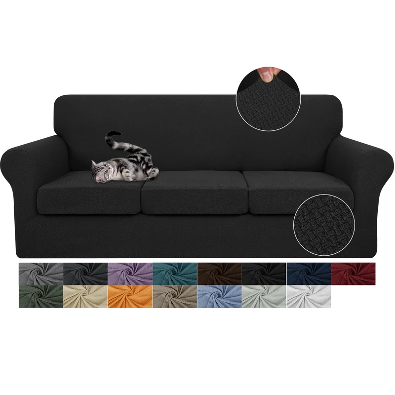 JIVINER 4 Pieces Couch Covers for 3 Cushion Couch Stretch Sofa Slipcover with 3 Seat Cushion Covers Thick Fitted Couch Cover for Pet Dogs Furniture Protector (Sofa, Black)
