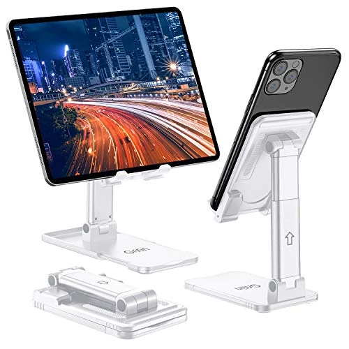Gritin Tablet Stand, Adjustable Tablet Holder - Foldable Desktop Tablet/Phone Stand Holder Super Stable Compatible with New iPad 12.9, 11, 10.5, 9.7 Air mini 2 3 4 and All 4-12.9" Tablets -White