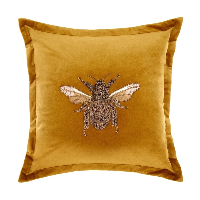 Voyage Maison Layla Feather Filled Cushion – Velvet Embroidered Bee Gold Oxford Edge Ikon Luxury Décor (Mustard - 50x50cm)
