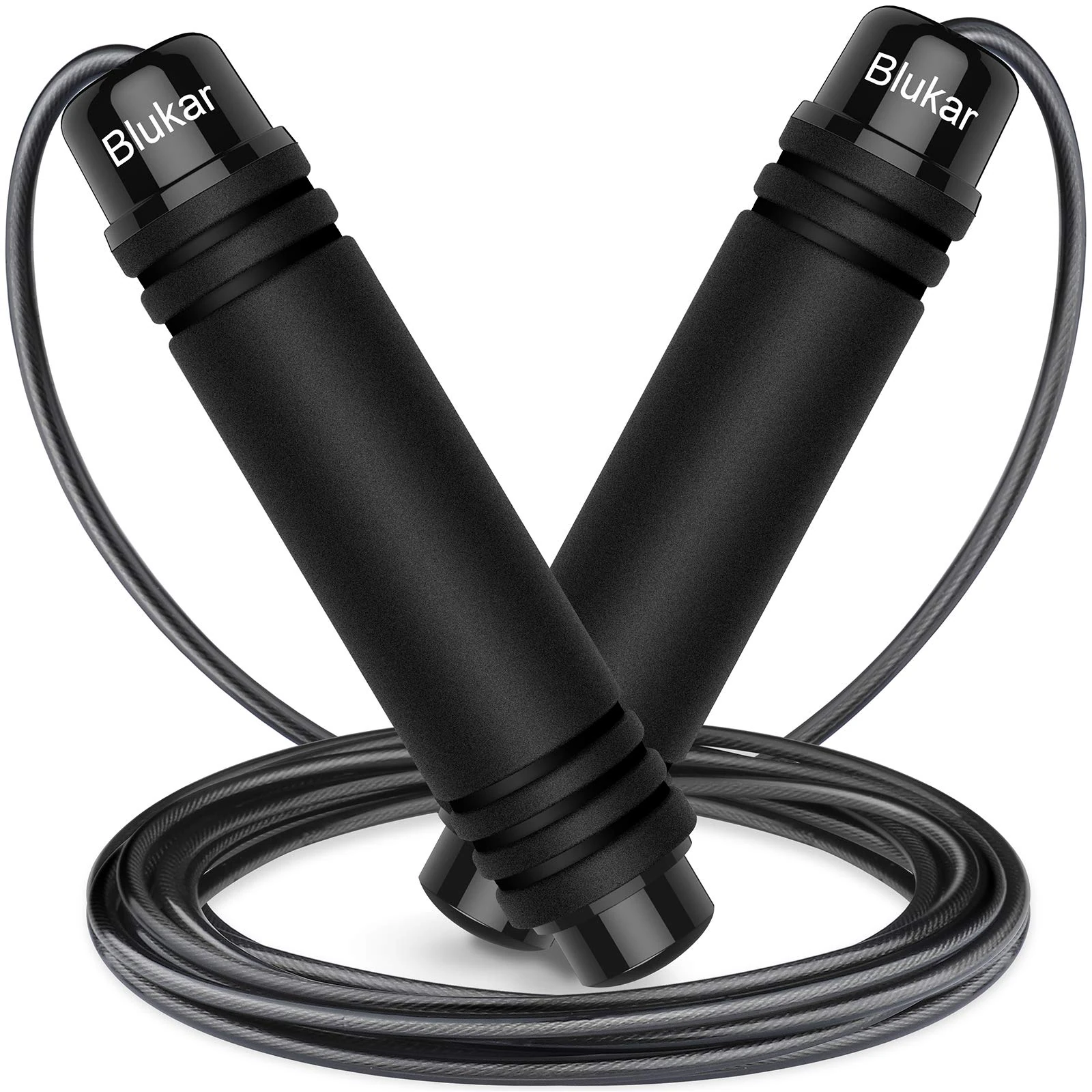 Blukar Skipping Rope, Speed Jump Rope Tangle-free Adjustable Cord with Rapid Ball Bearings & Soft Foam Handle for Fitness Workouts Fat Burning Exercises-Spare Cord Length Adjuster Included-Black