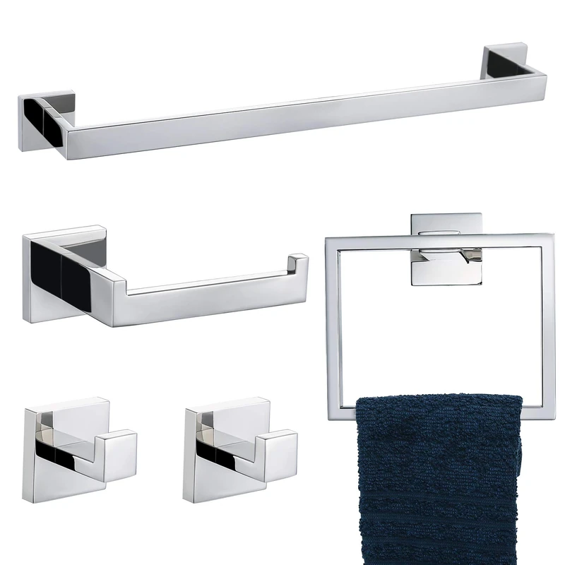 TNOMS Polished 5 Pieces Bathroom Hardware Accessories Set Include Towel Bar Towel Holder Toilet Paper Holder Towel Hook Wall Mounted,Stainless Steel.