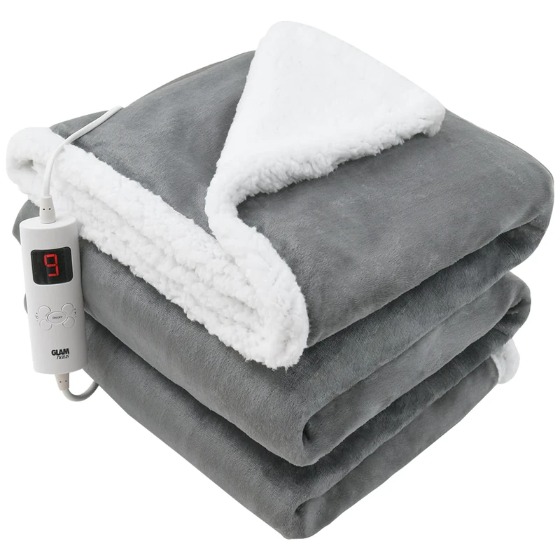 GlamHaus Heated Throw Electric Fleece Over Blanket Sofa Bed Large 160 X 130cm - 6 Heat and 3 Timer Auto Shut Off - Soft Reversible Design - Digital Control - Machine Washable (160x130cm Grey)