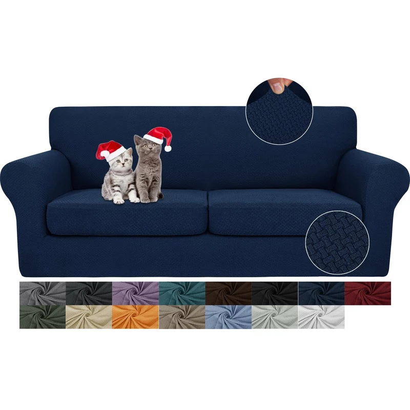 JIVINER 3 Pieces Couch Covers for 2 Cushion Couch Stretch Sofa Slipcover with 2 Extra Large Seat Cushion Covers Thick Fitted Loveseat Sofa Covers for Living Room (XL Loveseat, Navy Blue)