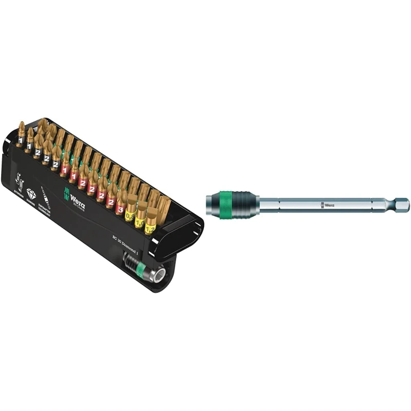 Wera Bit-Check 30 Diamond 1 Anti Cam-Out BiTorsion Long Life bit Set for Drill/Drivers PZ,PH,TX,SL 30 Piece, 05057431001 & 889/4 Universal Rapidaptor Bit Holder, 1/4" Drive x 100 mm, 05052504001
