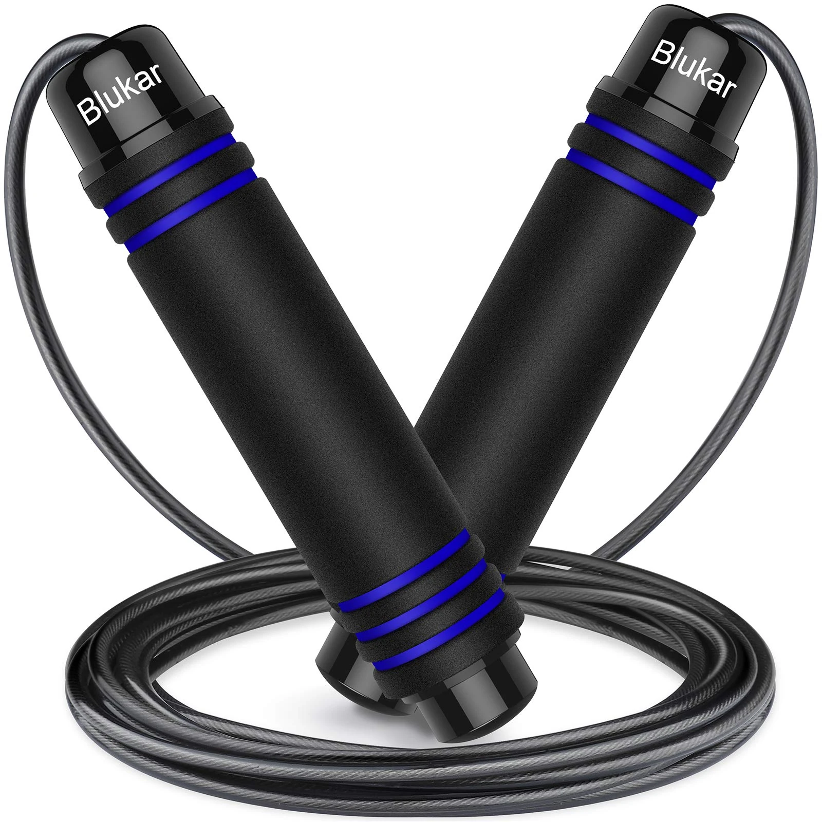 Blukar Skipping Rope, Speed Jump Rope Tangle-free Adjustable Cord with Rapid Ball Bearings & Soft Foam Handle for Fitness Workouts Fat Burning Exercises-Spare Cord Length Adjuster Included-Blue