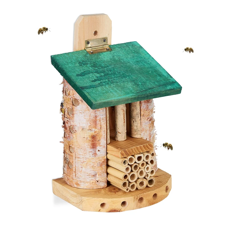 Relaxdays Insect Hotel, Nesting Aid for Wild Bees & Wasps, Garden & Balcony, Bamboo Tubes, 25x15x11.5 cm, Natural/Green