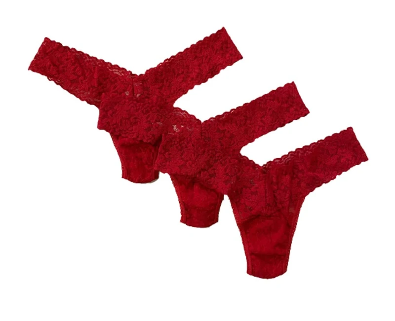 Hanky Panky Original Rise Signature Lace Regular Fit Stretch Thong (Pack of 3), red, One size
