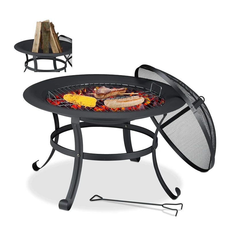 Relaxdays Fire bowl, diameter 73 cm, with grill grate, spark guard, poker, fire pit, garden, fire basket steel, black