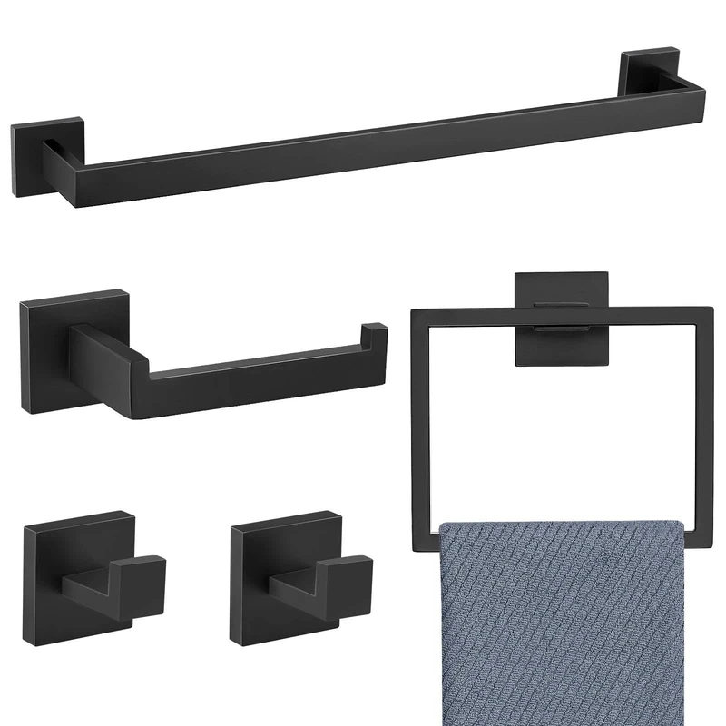 TNOMS 5 Pieces Bathroom Hardware Accessories Set Black Towel Bar Set Wall Mounted,Stainless Steel,23.6-Inch.