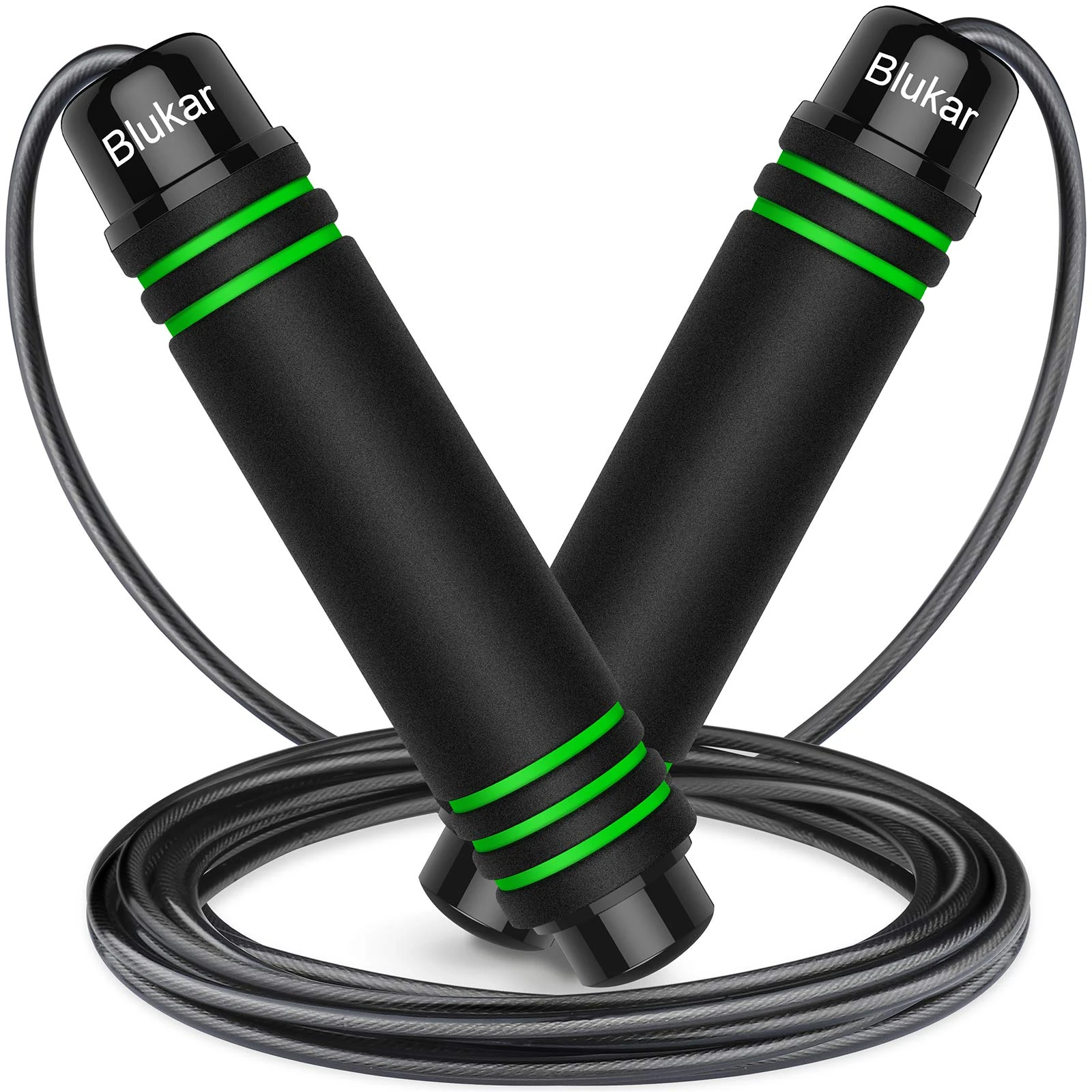 Blukar Skipping Rope, Speed Jump Rope Tangle-free Adjustable Cord with Rapid Ball Bearings & Soft Foam Handle for Fitness Workouts Fat Burning Exercises-Spare Cord Length Adjuster Included-Green