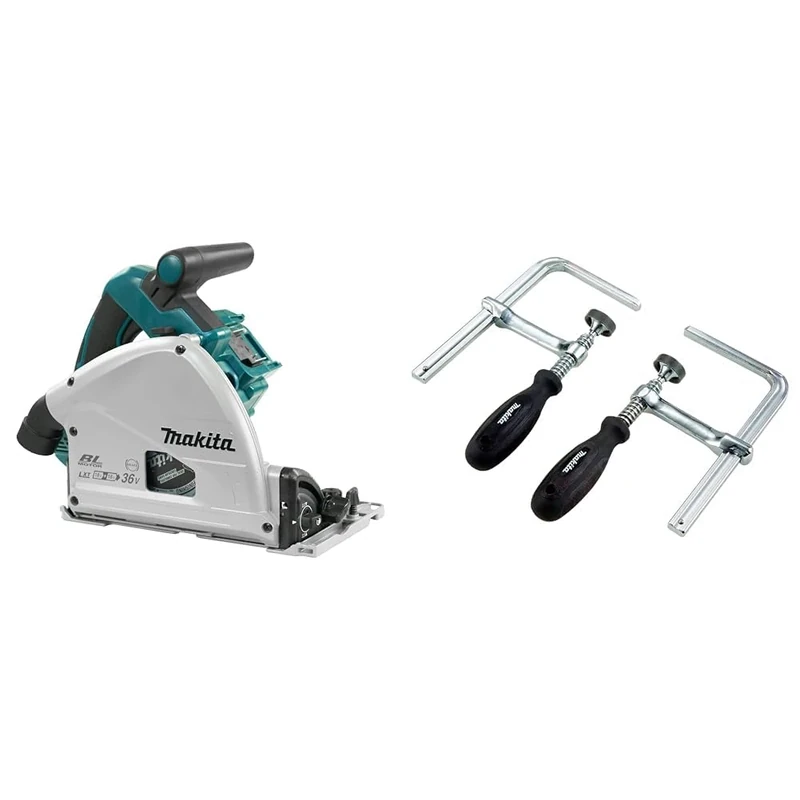 Makita DSP600ZJ (36V) Twin 18V Li-Ion LXT Brushless 165mm Plunge Cut Saw Supplied in A Makpac Case - Batteries and Charger Not Included & 194385-5 Clamp Set for SP6000 Plunge Saw (Pair), Silver