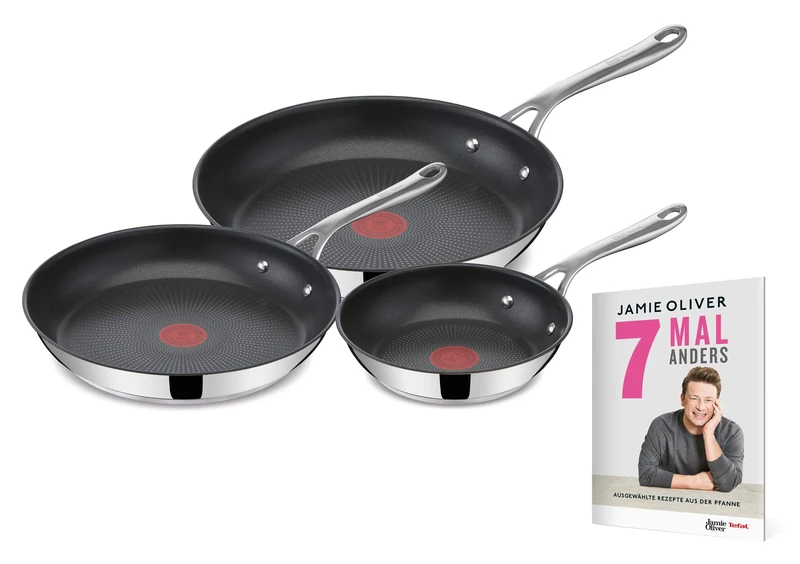 Tefal E304S3.JO7 Jamie Oliver Cook's Direct 3-Piece Frying Pan Set, 20, 24, 28 cm, Suitable for Induction, Dishwasher Safe, Thermo-Signal, Stainless Steel