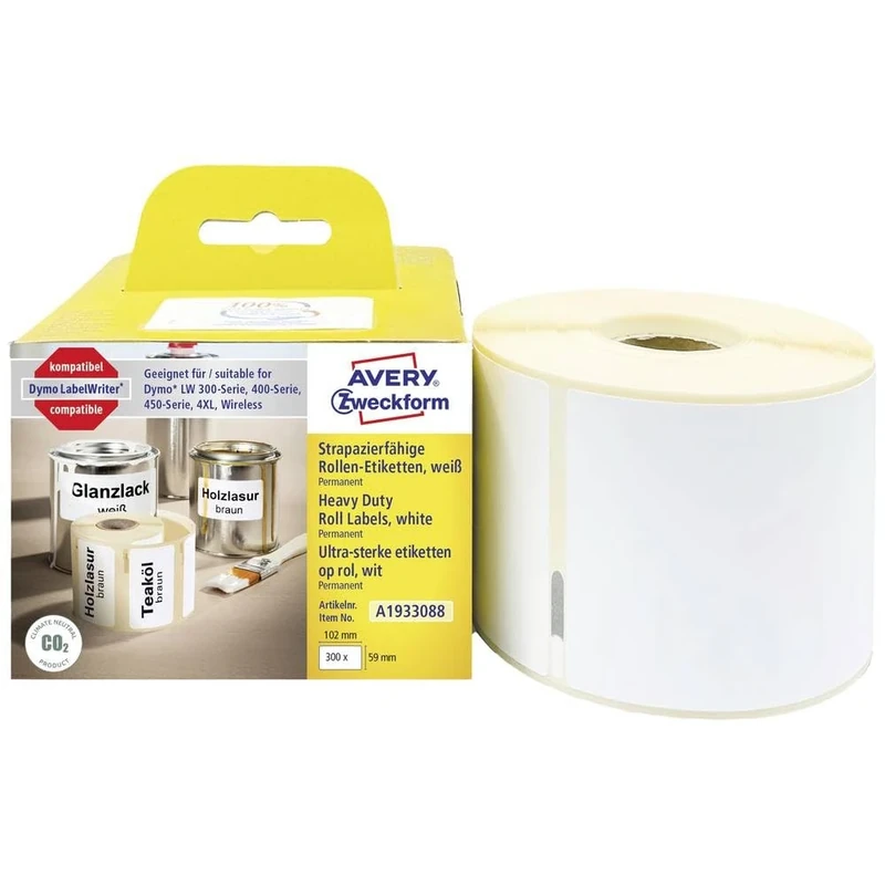 AVERY Zweckform A1933088 Weatherproof Film Labels (300 Waterproof Stickers, 59 x 102 mm, Dymo LabelWriter Compatible, Heavy Duty, Writeable, Permanent, Self-Adhesive) 1 Roll, Wh