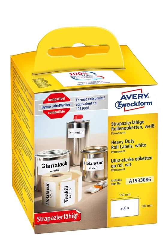 AVERY Zweckform A1933086 Foil Labels Extremely Strong Self-Adhesive 200 Stickers (104 x 159 mm, Compatible with Dymo LabelWriter, Equivalent to 1933086, Durable, Permanent Adhesive) 1 Roll White