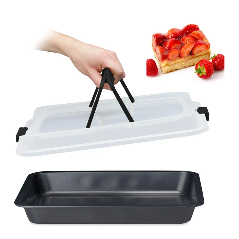 Relaxdays Baking Tray with Lid, Cake Carrier, Kitchen Storage Container with Handles, 3in1, WxD: 40x33 cm, Black