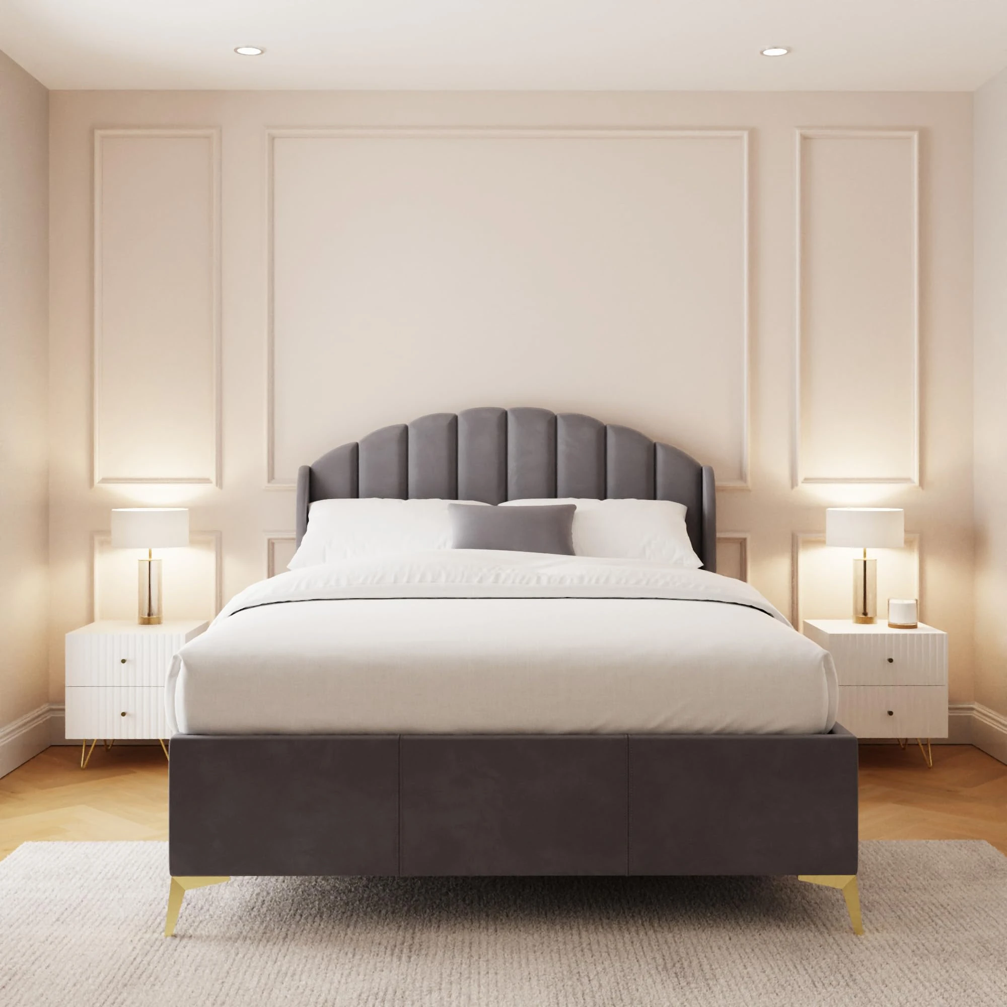 GFW Pettine Ottoman Bed King Size, Padded Plush Velvet & Hardwood Frame, Scallop Shell Winged Headboard, With Hydraulic End Lift For Under Bed Storage