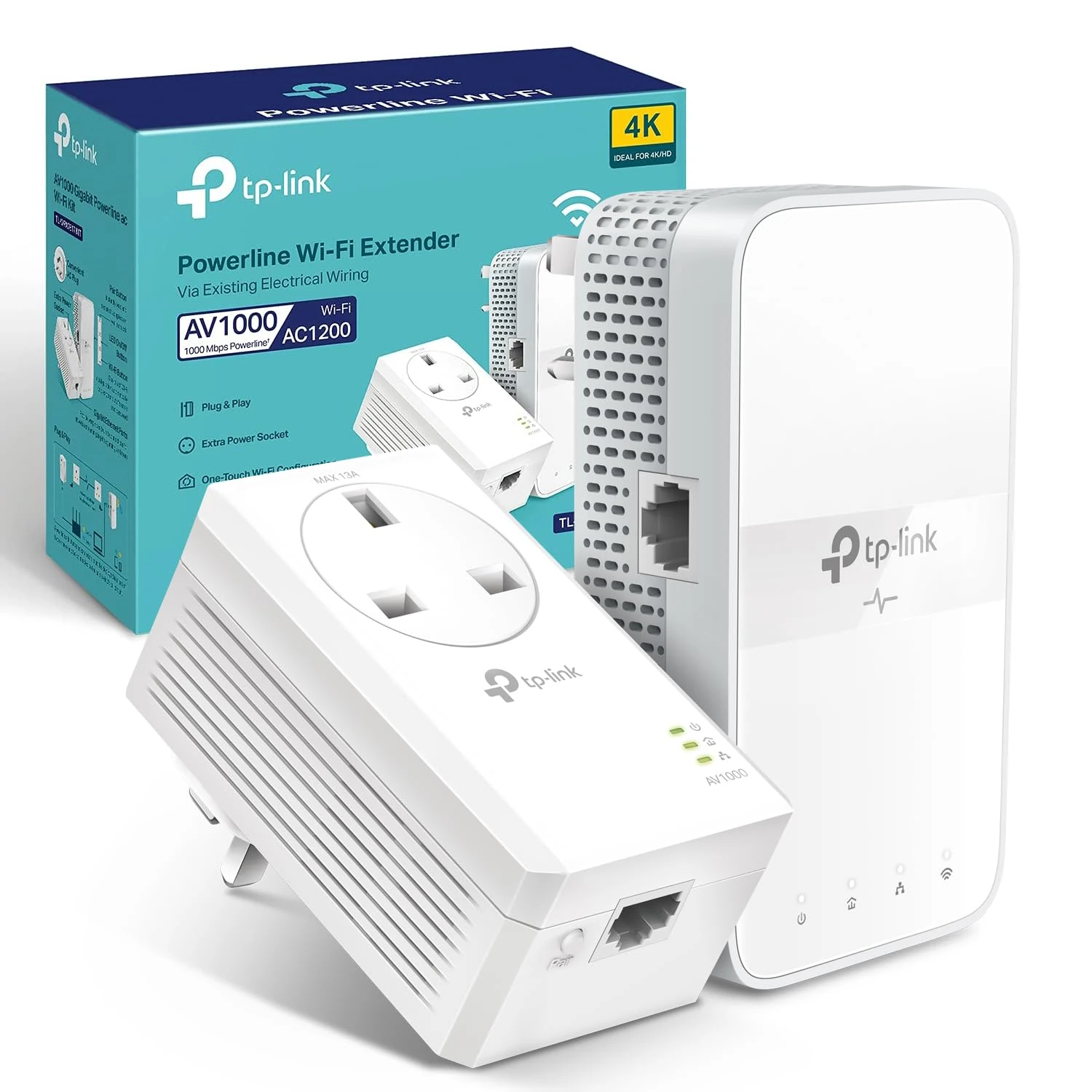 TP-Link TL-WPA7617 KIT AV1000 Powerline Adapter WiFi Extender, WiFi 1200Mbps, Ethernet Ports, Powerline WiFi Extender, Powerline Network Adapters, Plug & Play, 4K video streaming & Online Gaming