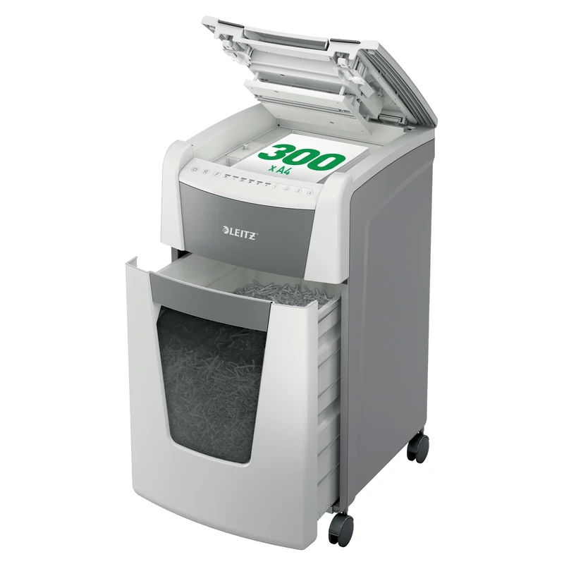 Leitz IQ Autofeed Office Micro Cut Paper Shredder P5, Automatic, 300 sheet, 60 Litre Bin Capacity, White, 80160000