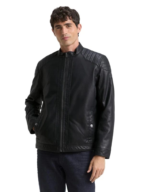 TOM TAILOR Men's 1026337 Faux Leather Biker Jacket, 29999-Black, L