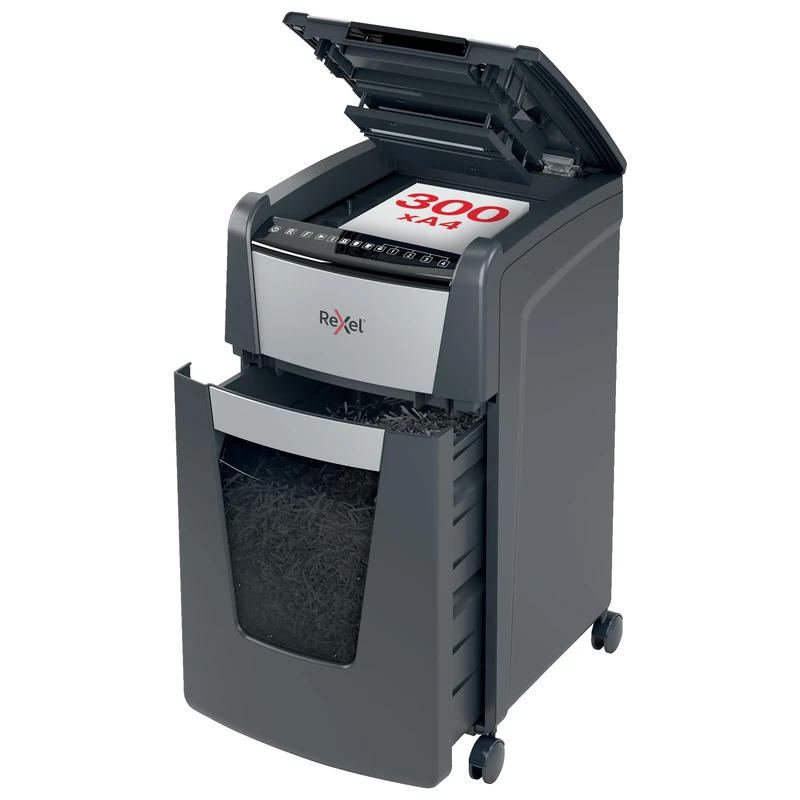Rexel Optimum Auto Feed+ 300 Sheet Automatic Micro Cut Paper Shredder, P-5 Security, Small Office Use, 60 Litre Removable Bin, Castor Wheels, 2020300M