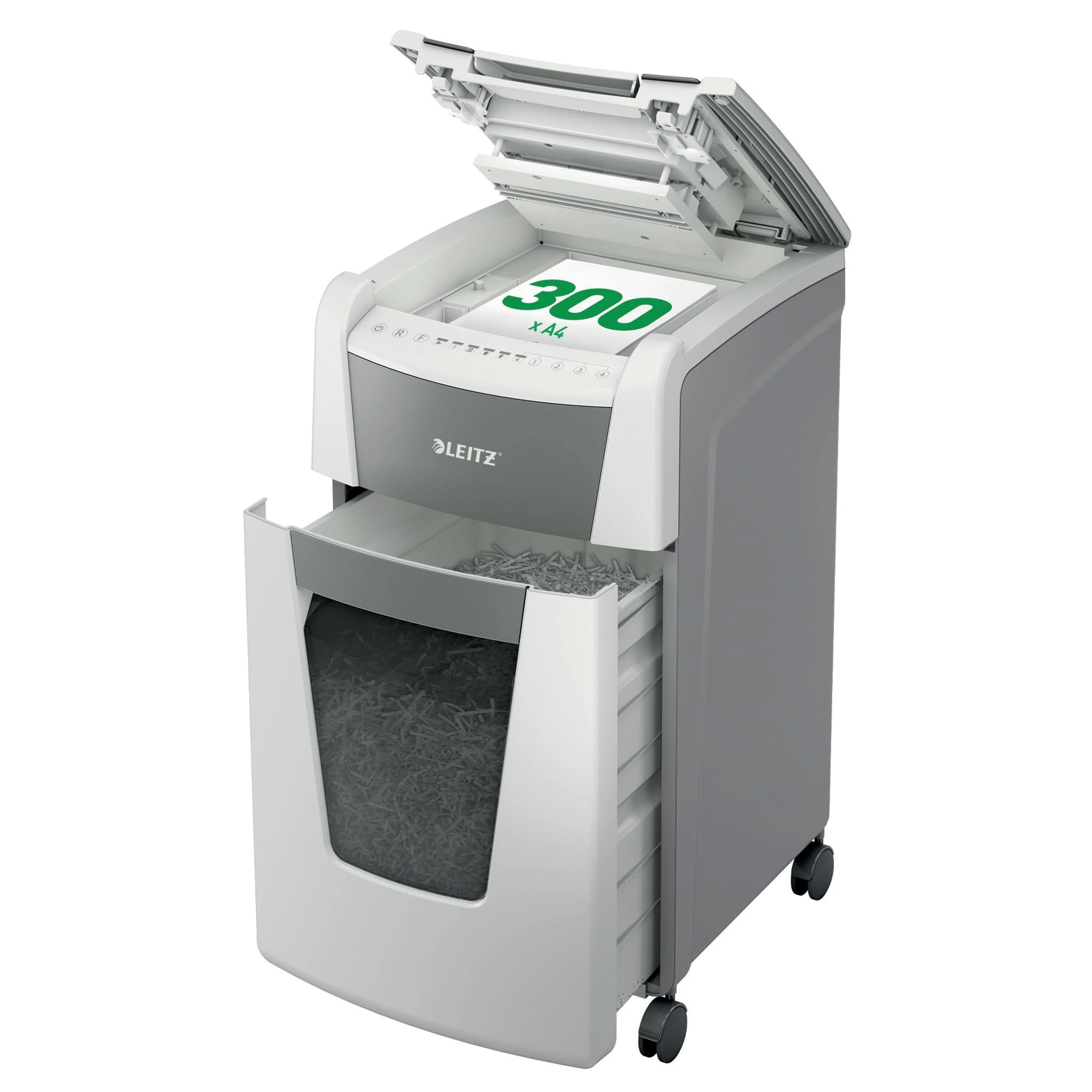 Leitz IQ Autofeed Office Cross Cut Paper Shredder P4, Automatic, 300 sheet, 60 Litre Bin Capacity, White, 80150000
