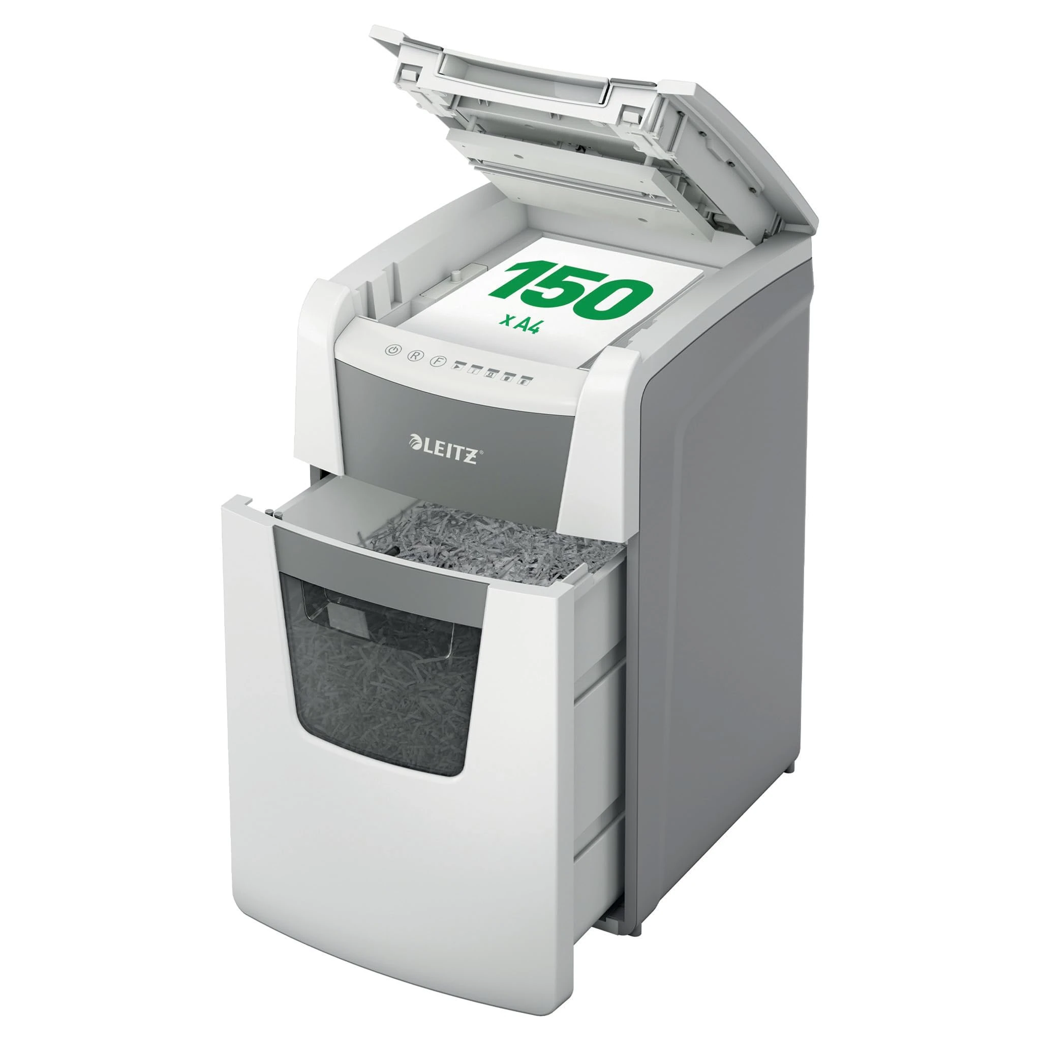 Leitz IQ Autofeed Office Micro Cut Paper Shredder P5, Automatic, 150 sheet, 44 Litre Bin Capacity, White, 80140000