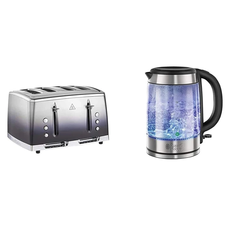 Russell Hobbs 25141 Midnight Blue Eclipse Polished Stainless Steel Ombre Four Slice Toaster & Hobbs 21600-10 Illuminating Glass Kettle, Black, 1.7 Litre, 3000 Watt