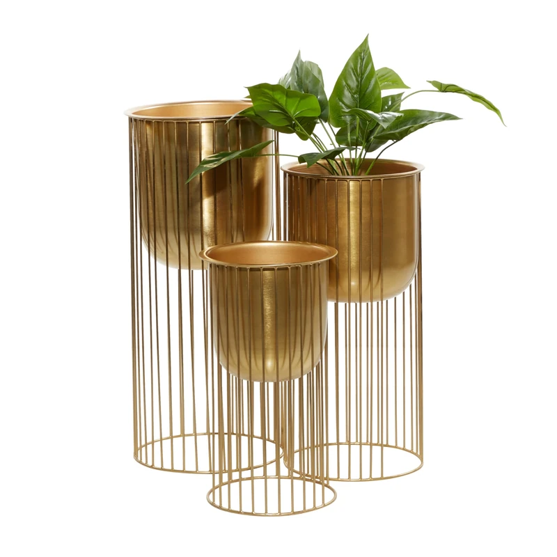 Deco 79 Metal Deep Recessed Dome Planter with Elevated Caged Stand, Set of 3 24 Inch, 20 Inch, 16 InchH, Gold