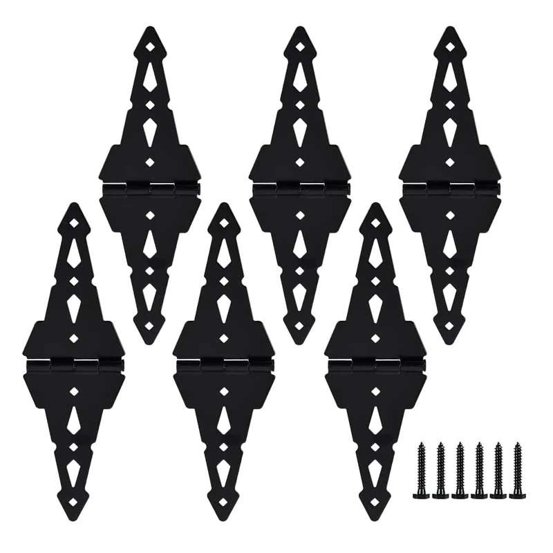HOME MASTER HARDWARE Wood Gate Hinges for Wooden Fences Heavy Duty 8" Strap Gate Hinge Decorative Black Finish with Screws (6 Pack)