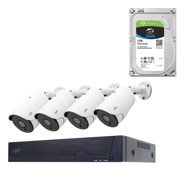 PNI House IPMAX POE Five video surveillance kit, NVR with 4 POE ports, ONVIF and 4 cameras with 5MP IP, outdoor, Power over Ethernet, chip detection, motion detection with 1Tb HDD