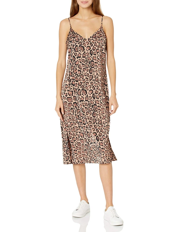 The Drop Women's Ana Silky V-Neck Midi Slip Dress, Leopard Print, M