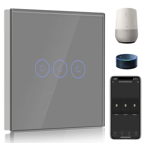 BSEED WiFi Wall Switch, 3 Gang 1 Way Smart Switch with Grey Touch Screen, Compatible with Alexa, Google Home, App Control and Timer Function, Neutral Needed