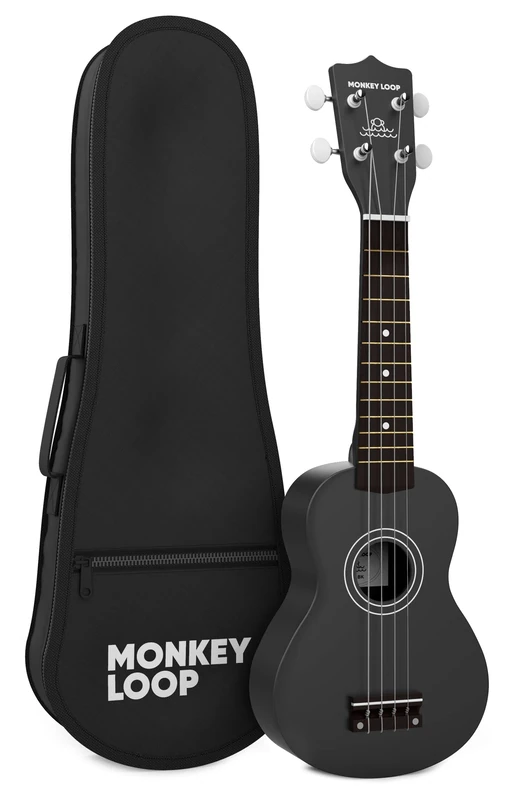 Monkey Loop Play Black - Soprano Ukulele for Beginners - Ukulele Case Included - Finish, Settings and Surprising Tuning - Linen Wood - Matte Black