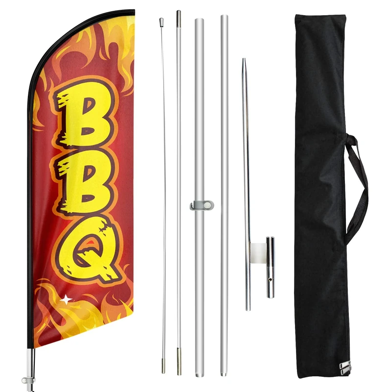 FSFLAG BBQ Feather Flag, BBQ Advertising Feather Banner 11 Foot, Swooper Flag Pole Kit and Ground Stake for BBQ Business, Red
