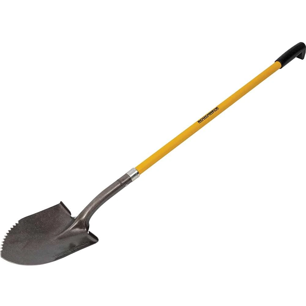 Roughneck Heavy Duty Shovel with Long Handle and Sharp Serrated Edge for Slicing Through Roots, Fibreglass Shaft with Contoured Grip, ROU68044